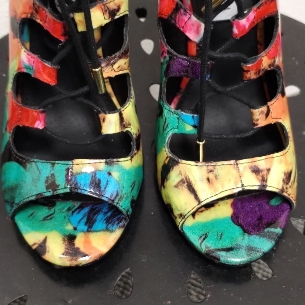 Steve Madden Cythiaa Multi-Color Open Toe Lace Up Heels Sz 5.5 M Beautful - Picture 5 of 16